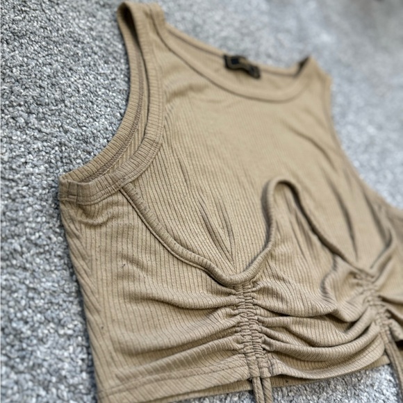 Tan Ribbed Ruched Crop Tank Top - Picture 1 of 4